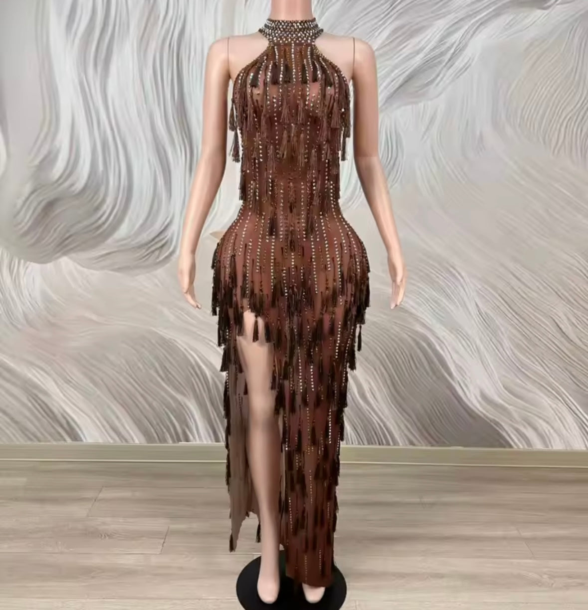 Brown Sexy Sleeveless See Through Rhinestone Tassel Dress