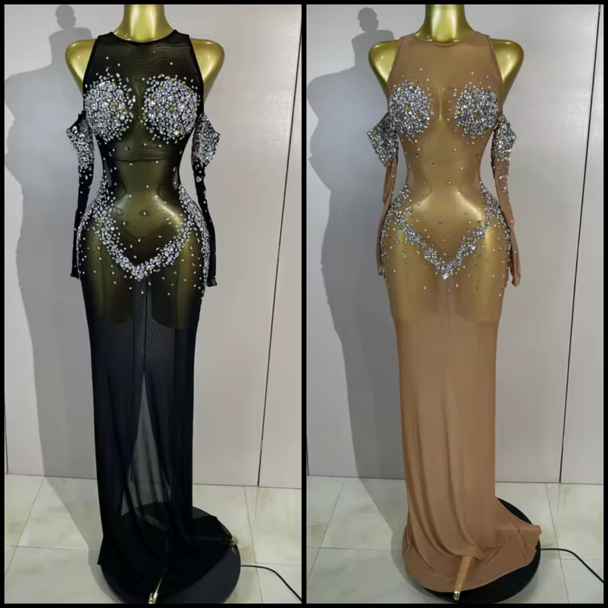 Sexy See Through Rhinestone Embellishment Floor-Length Dress