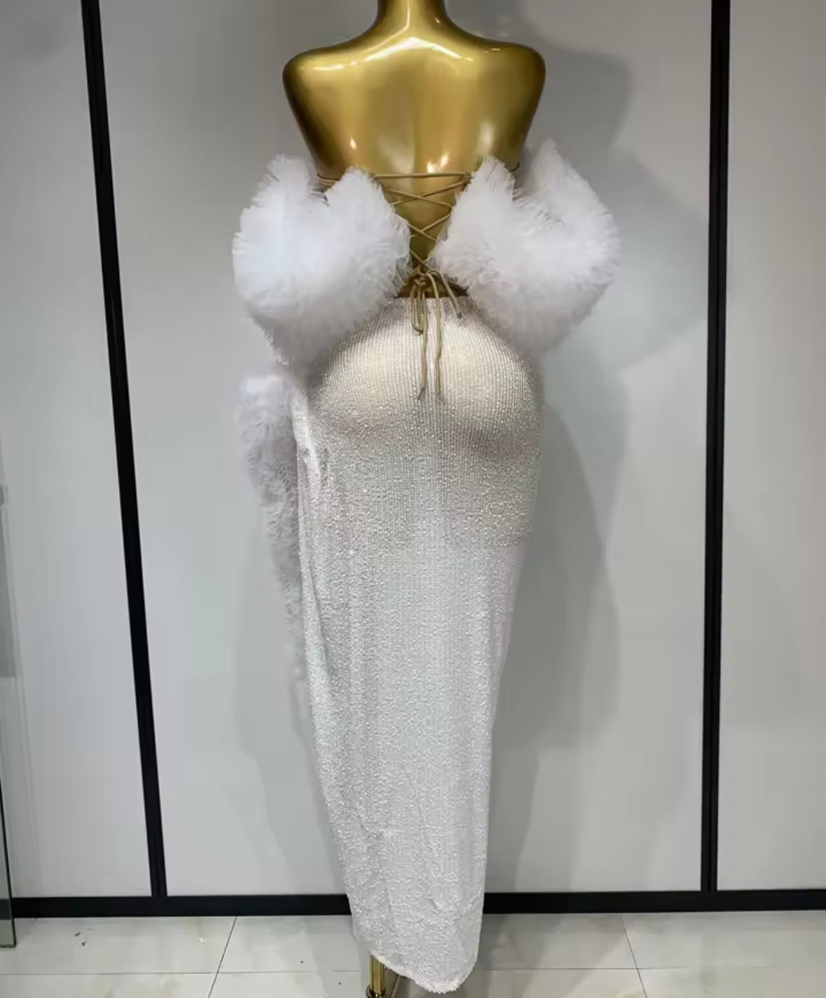 Sexy Ruffled Strapless Corset Two Piece Sequins Maxi Skirt Set