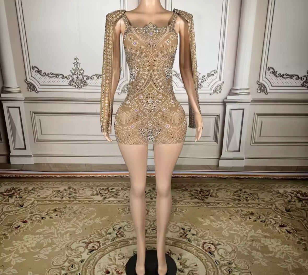 Sexy Printed Rhinestone See Through Short Dress