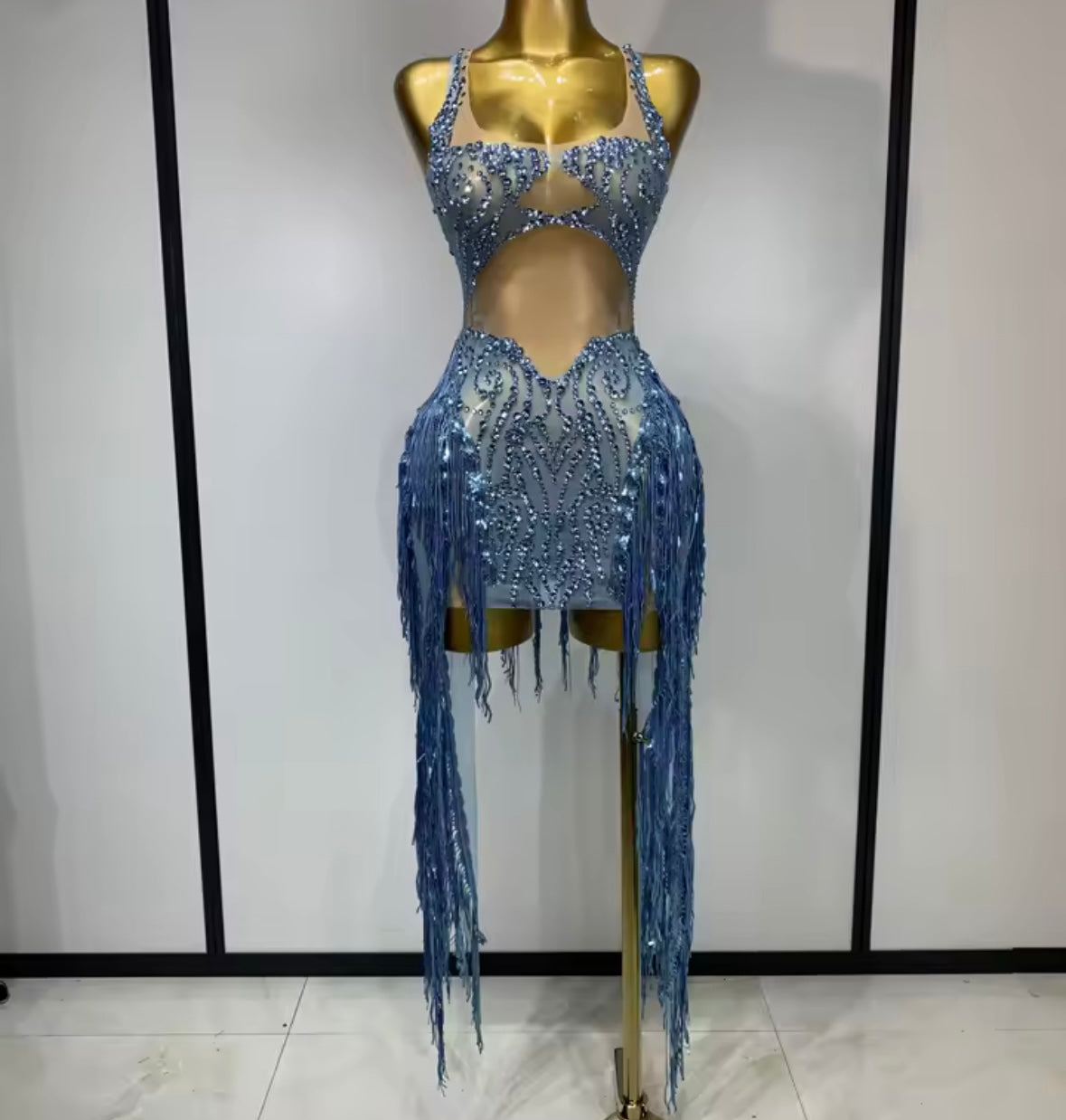 Blue Sleeveless Sequins Rhinestone Tassel Dress