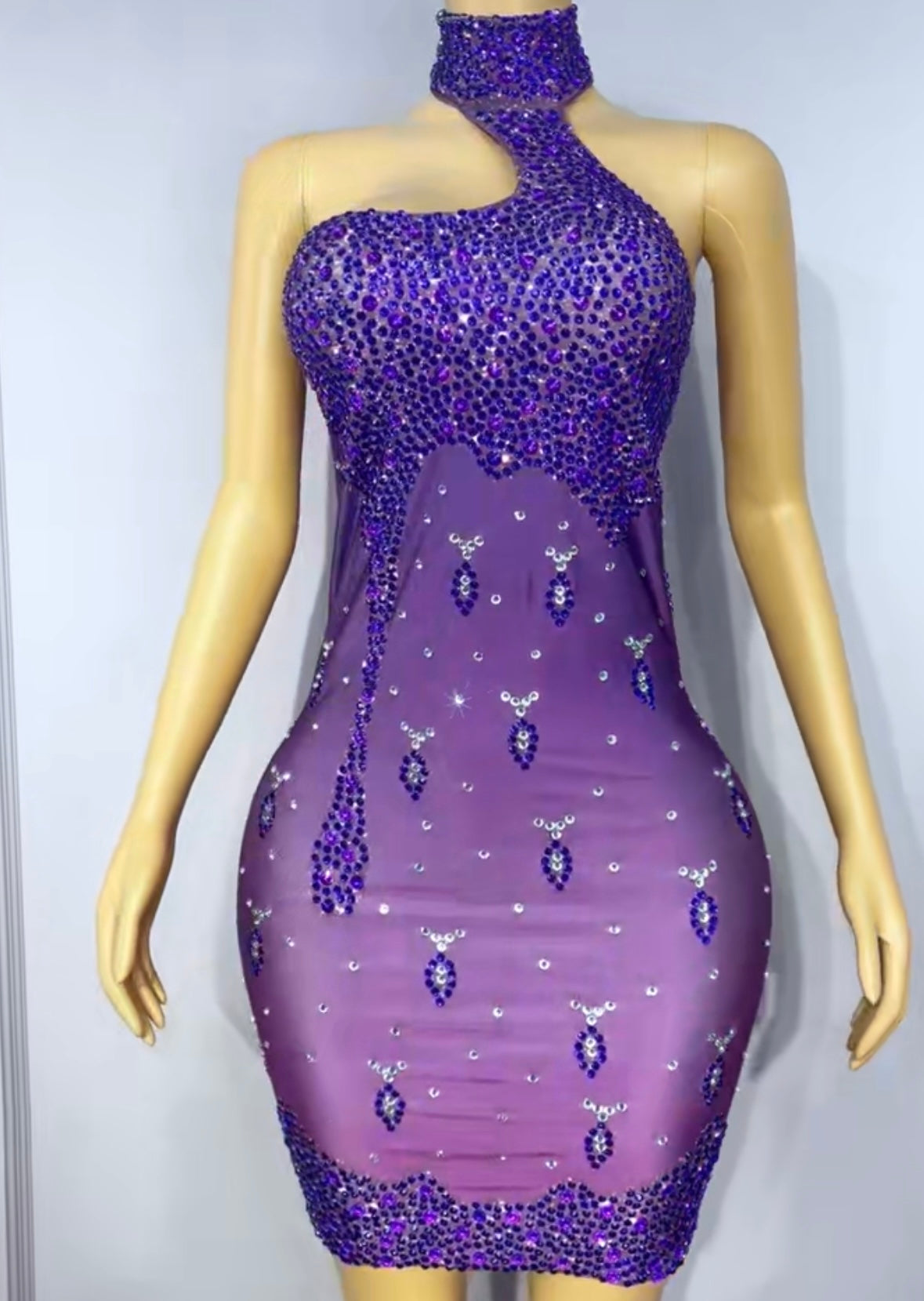 Purple Sexy Halter Sleeveless Rhinestone Dress