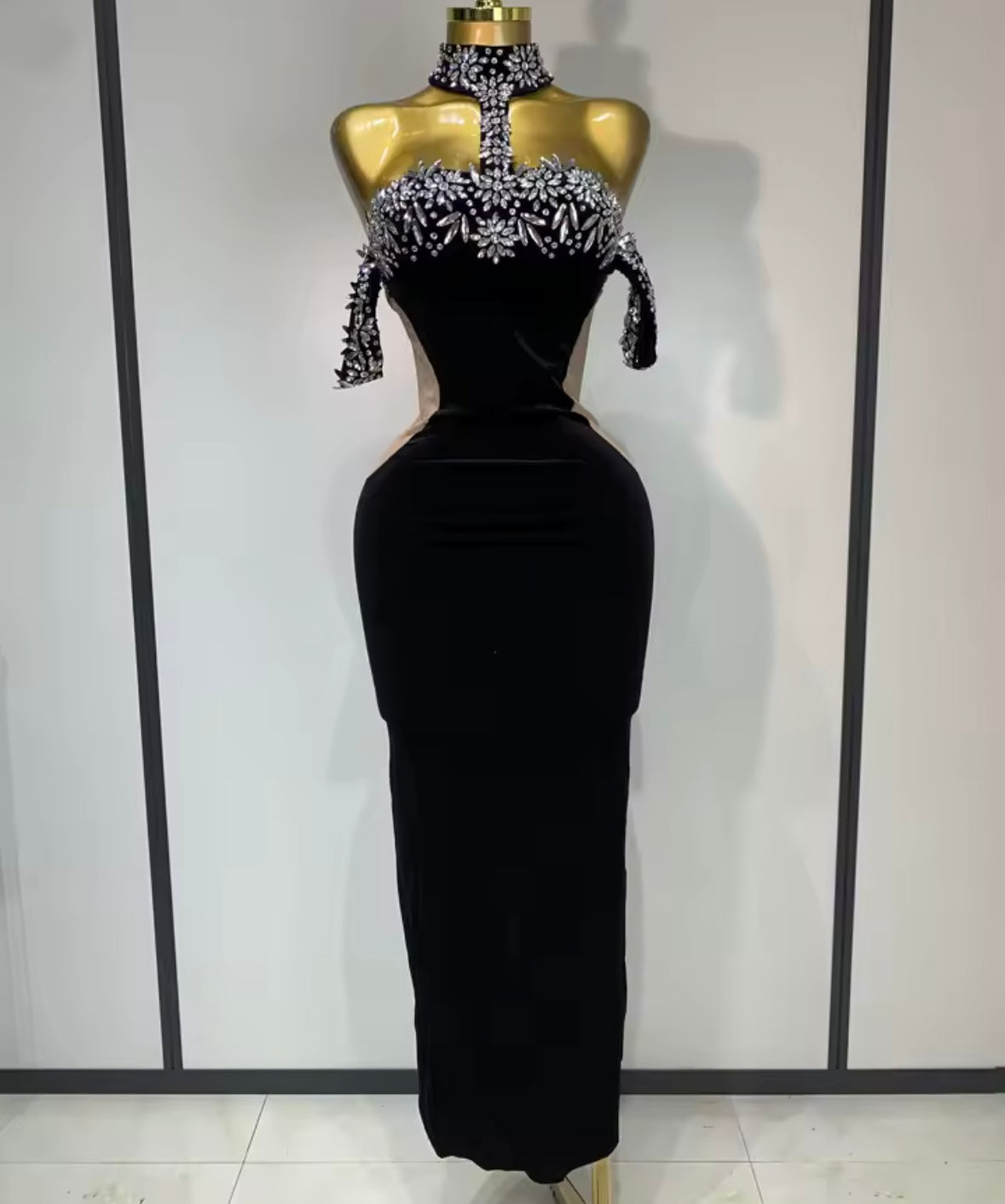 Elegant Black Floral Rhinestone Halter Maxi Dress
