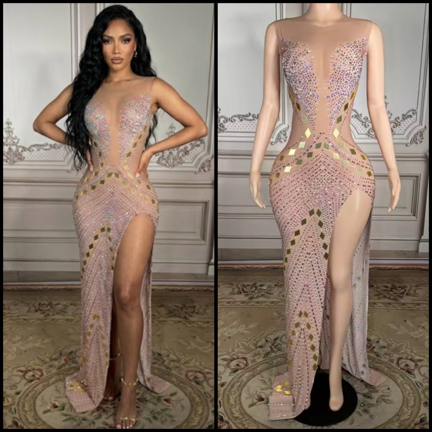 Sexy Sleeveless Rhinestone Mirror Side Split Maxi Dress