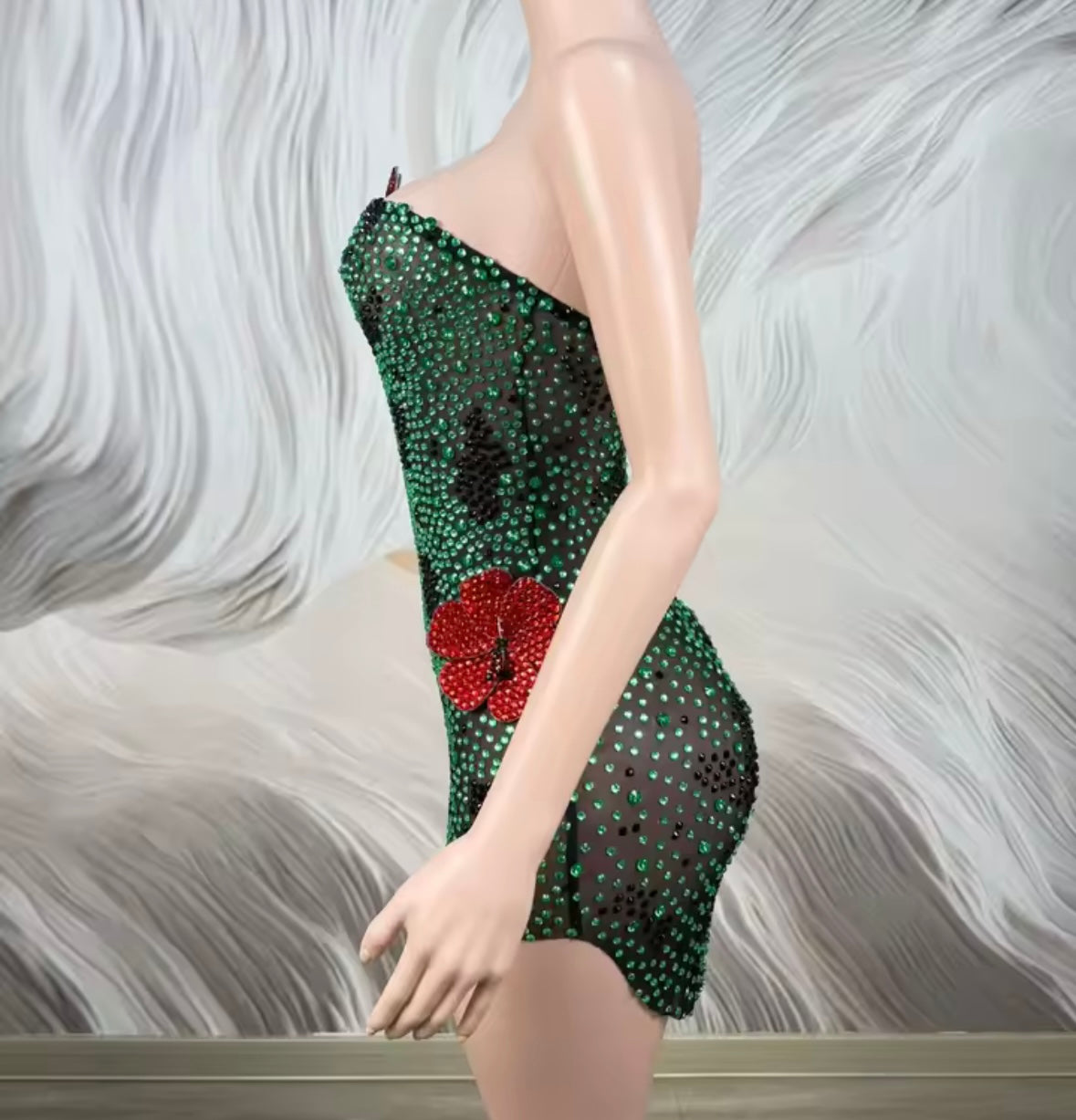 Sexy Strapless Floral Rhinestone Dress