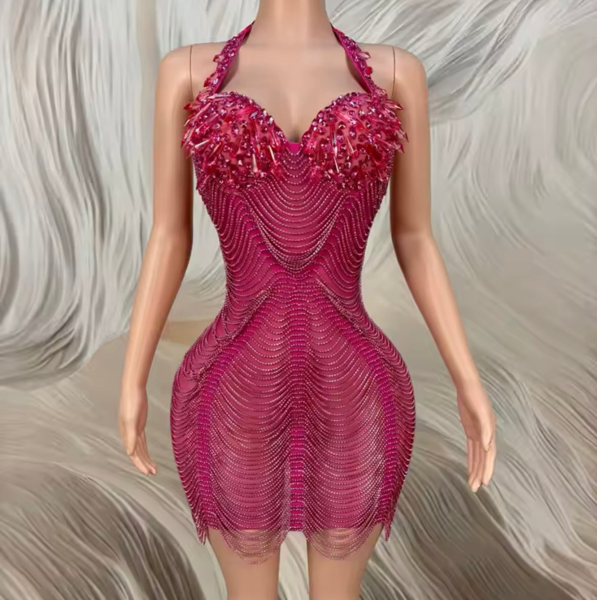 Sexy Halter Sleeveless Rhinestone Fringe Chain Dress
