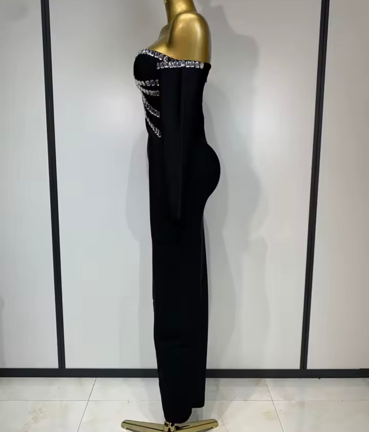 Black Strapless Rhinestone Full Sleeve Front Split Elegant Dress